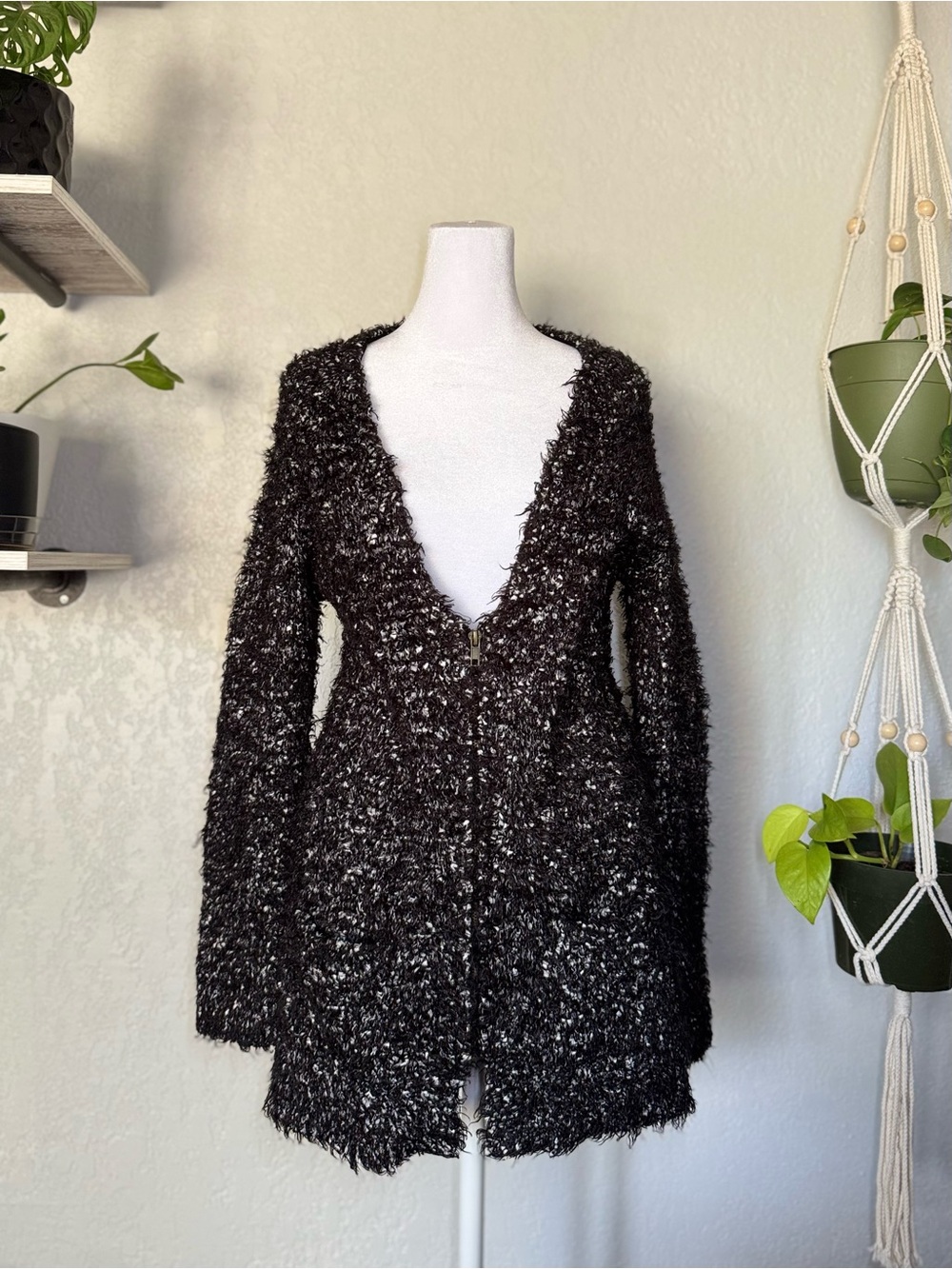 Love By Design Black Fuzzy Zip-Front Women’s Cardigan